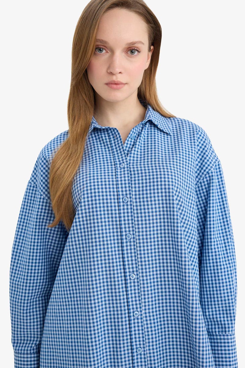 DeFacto Blue Woman Regular Fit Poplin Plaid Long Sleeve Tunic Casual - Image 4